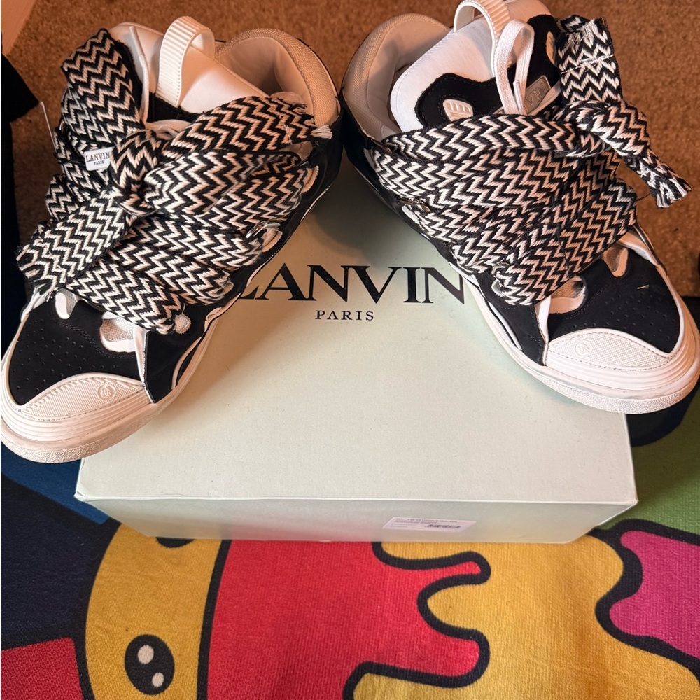 Lanvin Black and White Zigzag Ribbon Low-Top Sneakers